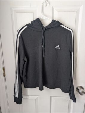 adidas  Black Crop Hoodie with White Stripe Accents